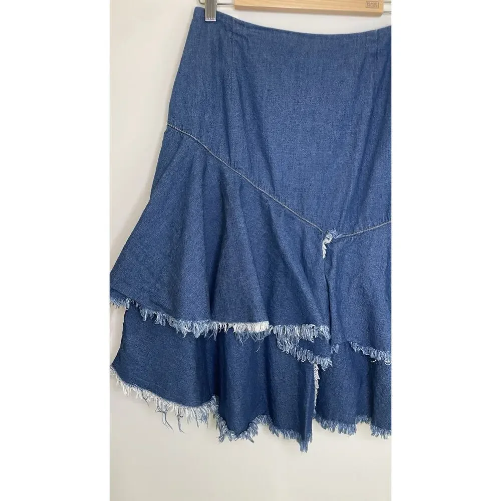 BP Y2K Skirt Ruffle Fringe Hem Western Denim Above Knee Cowgirl Boho Blue Size S - Picture 3 of 11